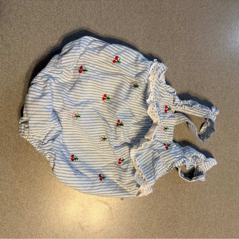 Striped Blue Baby Romper with Cherry Embroidery